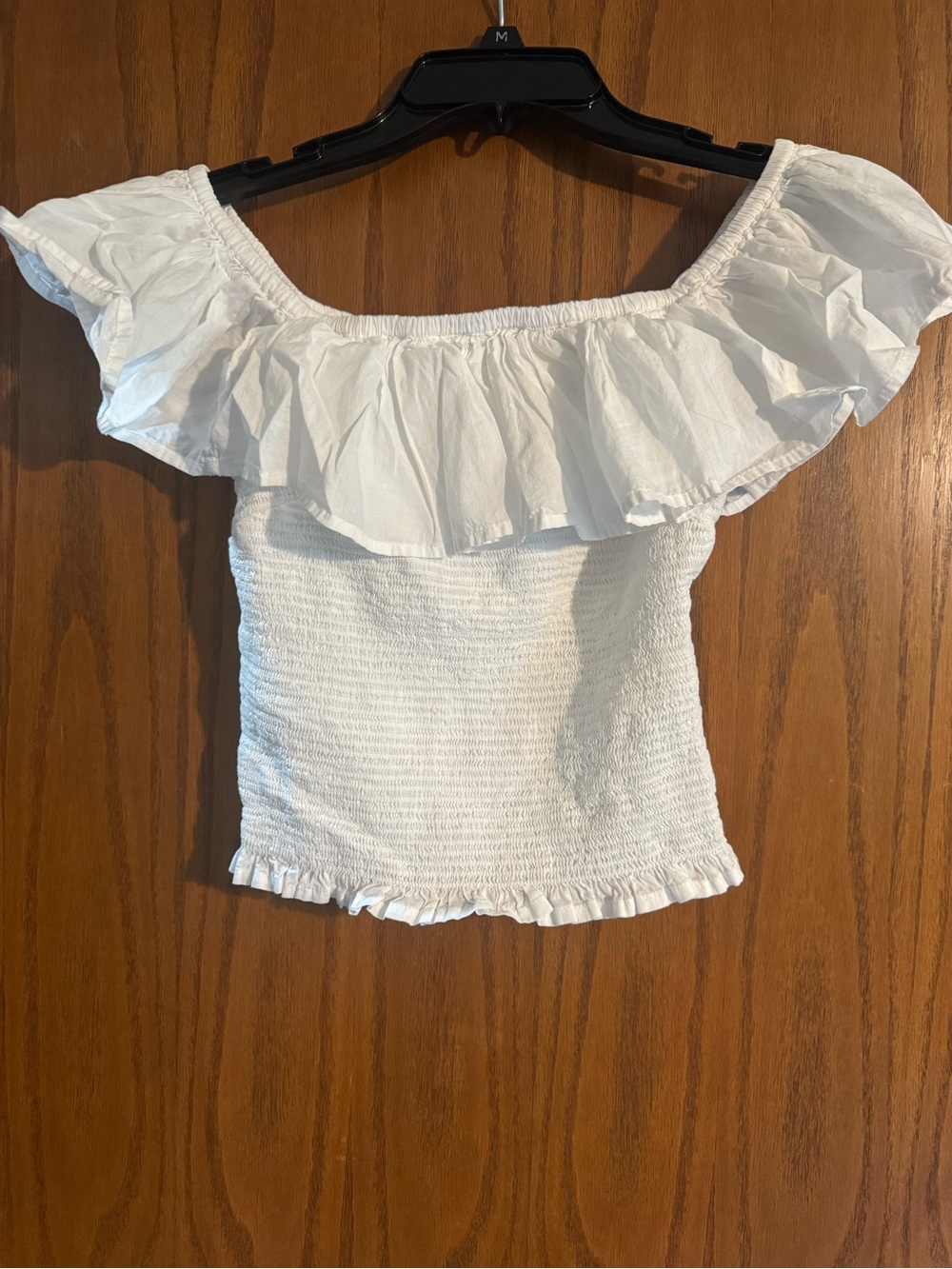 Smocked Off-Shoulder Ruffle Crop Top - White